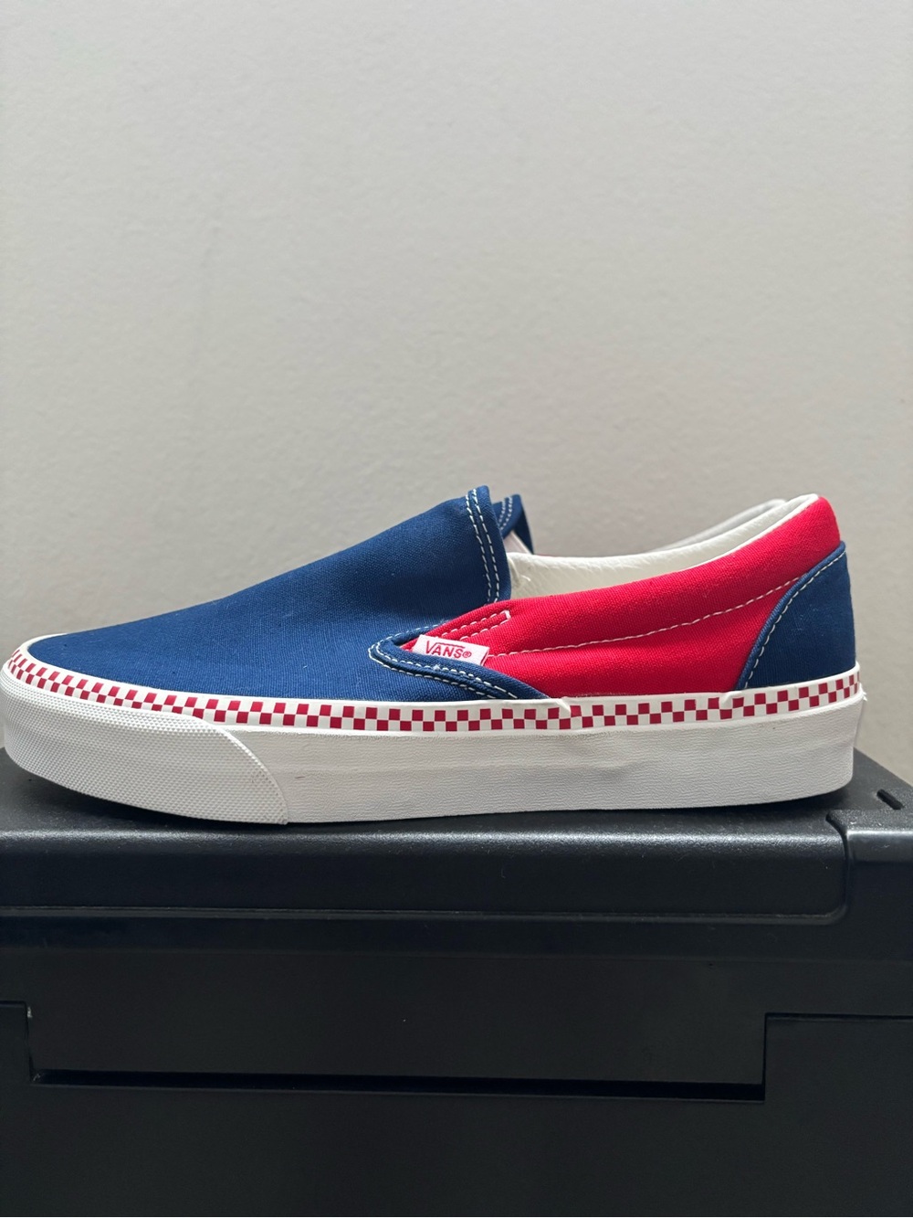 Vans Classic Slip-On Sneakers in Blue, White, and Red